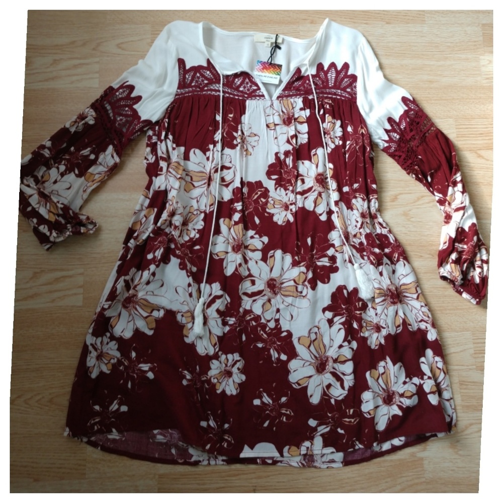 Red & Ivory Floral Dress with Sleeves